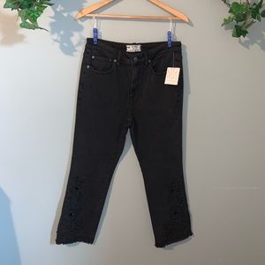 Cut work lace ankle black denim